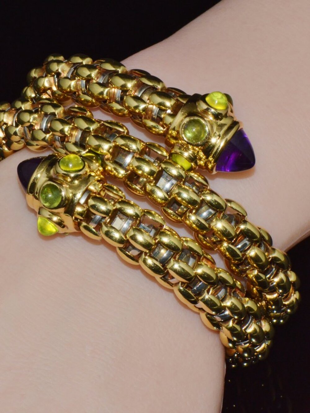 Rare Vintage FOPE 18K Gold Double Wrap Twist Snake Bracelet Amethyst Peridot
